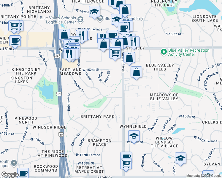 map of restaurants, bars, coffee shops, grocery stores, and more near 15338 Riley Street in Overland Park