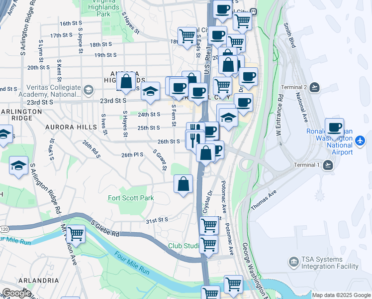 map of restaurants, bars, coffee shops, grocery stores, and more near 505 26th Road South in Arlington