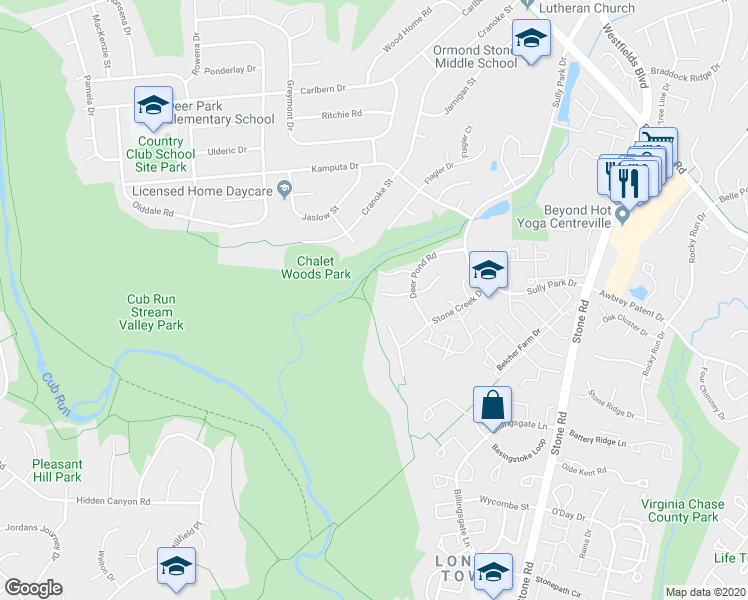 map of restaurants, bars, coffee shops, grocery stores, and more near 5837 Cub Stream Dr in Centreville