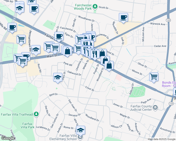 map of restaurants, bars, coffee shops, grocery stores, and more near 4020 Hallman Street in Fairfax