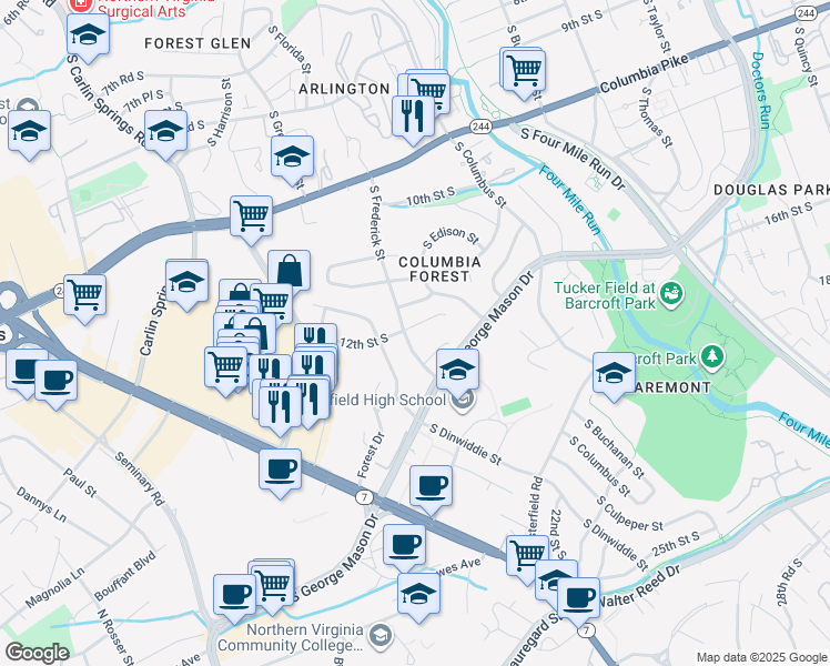 map of restaurants, bars, coffee shops, grocery stores, and more near 5134 12th Street South in Arlington