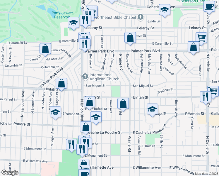 map of restaurants, bars, coffee shops, grocery stores, and more near 2015 San Miguel Street in Colorado Springs