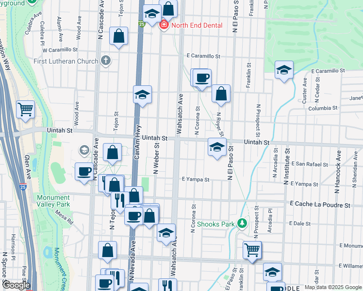 map of restaurants, bars, coffee shops, grocery stores, and more near 1121 North Wahsatch Avenue in Colorado Springs