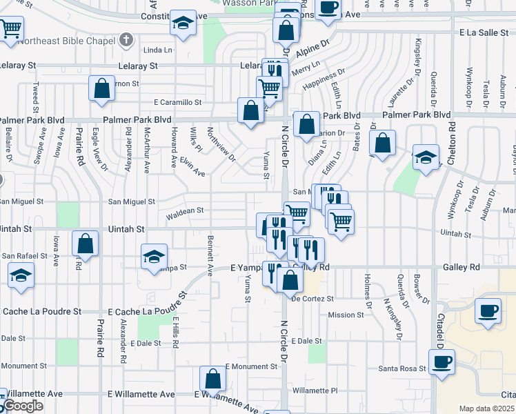 map of restaurants, bars, coffee shops, grocery stores, and more near 1253 Yuma Street in Colorado Springs