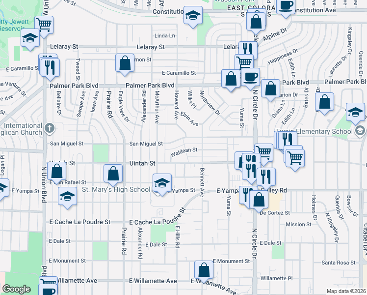 map of restaurants, bars, coffee shops, grocery stores, and more near 2540 Waldean Street in Colorado Springs