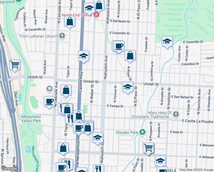 map of restaurants, bars, coffee shops, grocery stores, and more near 1121 North Wahsatch Avenue in Colorado Springs