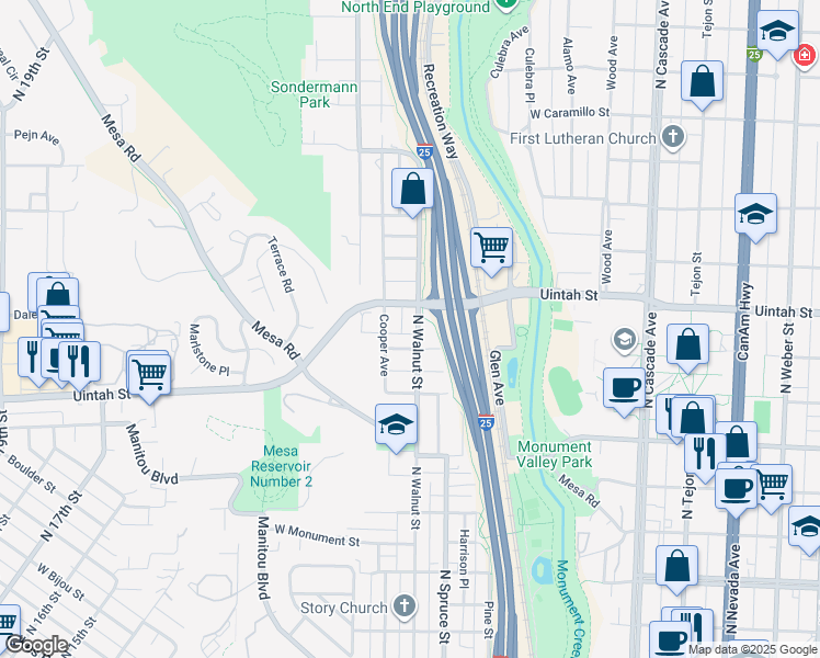 map of restaurants, bars, coffee shops, grocery stores, and more near 1113 North Walnut Street in Colorado Springs
