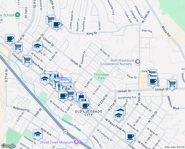 map of restaurants, bars, coffee shops, grocery stores, and more near 2402 West Uintah Street in Colorado Springs