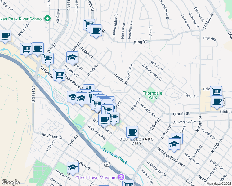 map of restaurants, bars, coffee shops, grocery stores, and more near 2529 West Bijou Street in Colorado Springs
