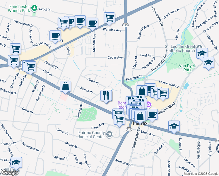 map of restaurants, bars, coffee shops, grocery stores, and more near 3905 Tusico Place in Fairfax