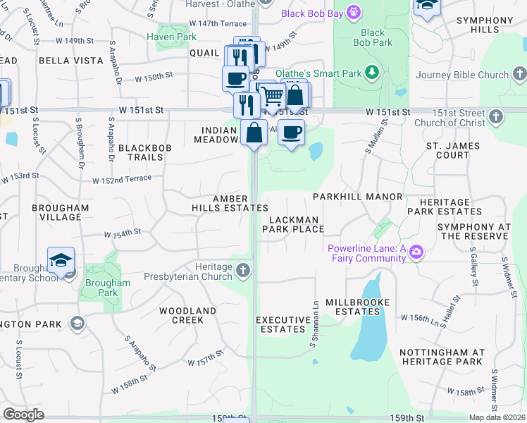 map of restaurants, bars, coffee shops, grocery stores, and more near 15362 South Constance Street in Olathe