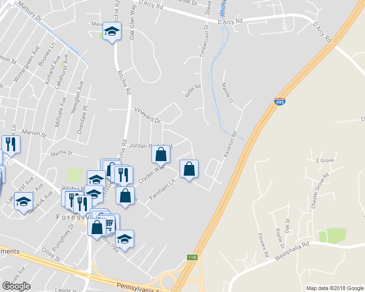 map of restaurants, bars, coffee shops, grocery stores, and more near 8113 Jordan Park Boulevard in District Heights