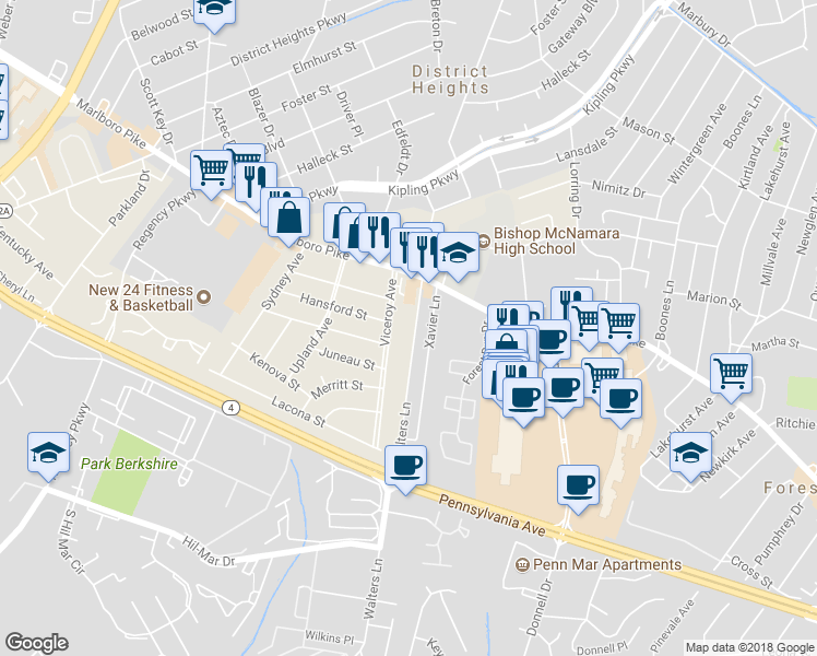 map of restaurants, bars, coffee shops, grocery stores, and more near 2821 Walters Lane in District Heights
