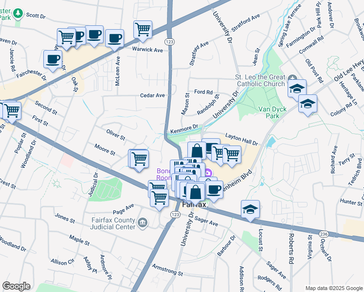 map of restaurants, bars, coffee shops, grocery stores, and more near 3849 Chain Bridge Road in Fairfax