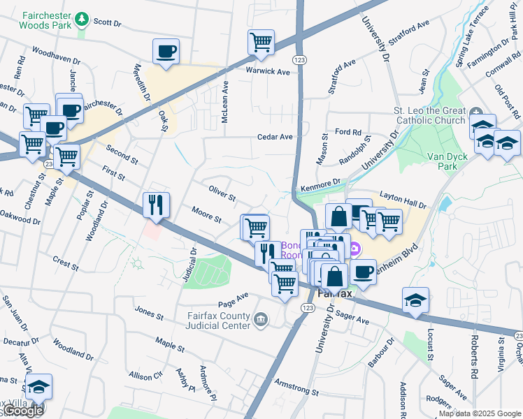 map of restaurants, bars, coffee shops, grocery stores, and more near 3905 Tusico Place in Fairfax