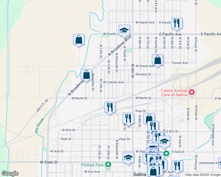 map of restaurants, bars, coffee shops, grocery stores, and more near 528 12th Street in Salina