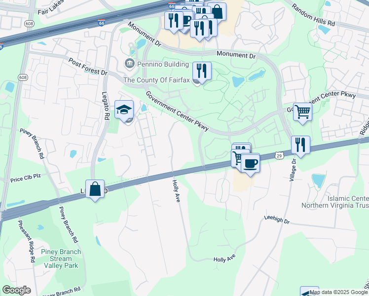 map of restaurants, bars, coffee shops, grocery stores, and more near 11930 Artery Drive in Fairfax