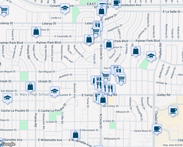 map of restaurants, bars, coffee shops, grocery stores, and more near 1253 Yuma Street in Colorado Springs