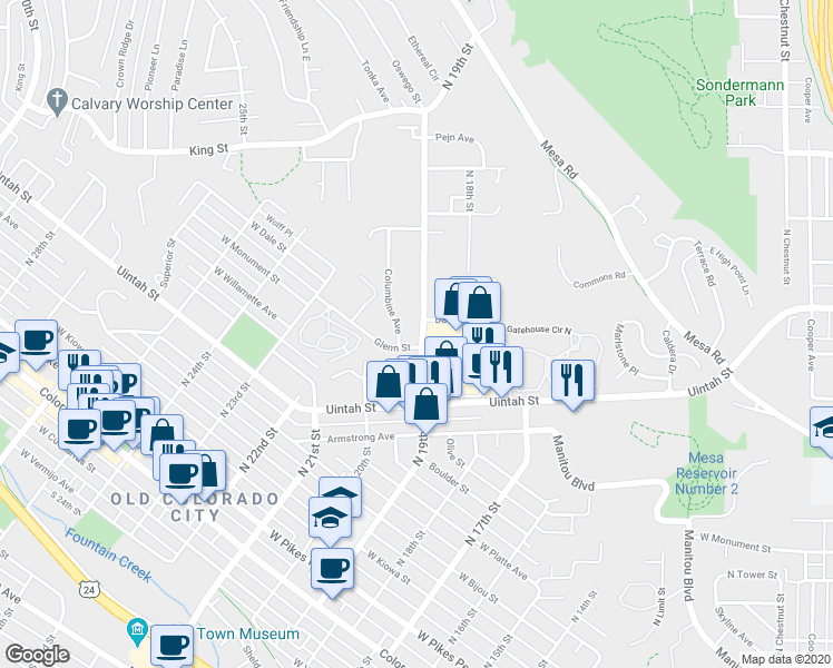 map of restaurants, bars, coffee shops, grocery stores, and more near 806 North 19th Street in Colorado Springs