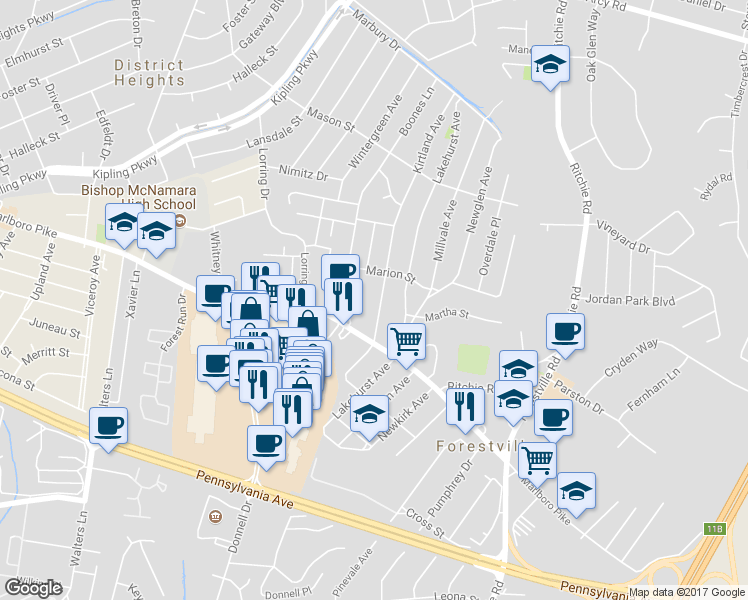 map of restaurants, bars, coffee shops, grocery stores, and more near 2809 Kirtland Ave in District Heights
