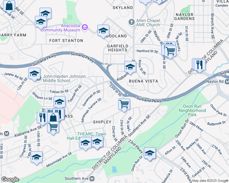 map of restaurants, bars, coffee shops, grocery stores, and more near 2244 Savannah Terrace Southeast in Washington