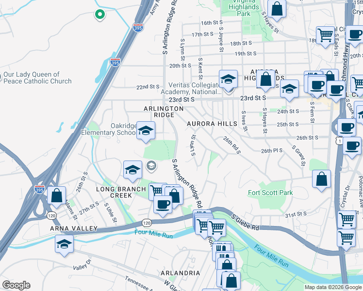 map of restaurants, bars, coffee shops, grocery stores, and more near 1211 26th Street South in Arlington