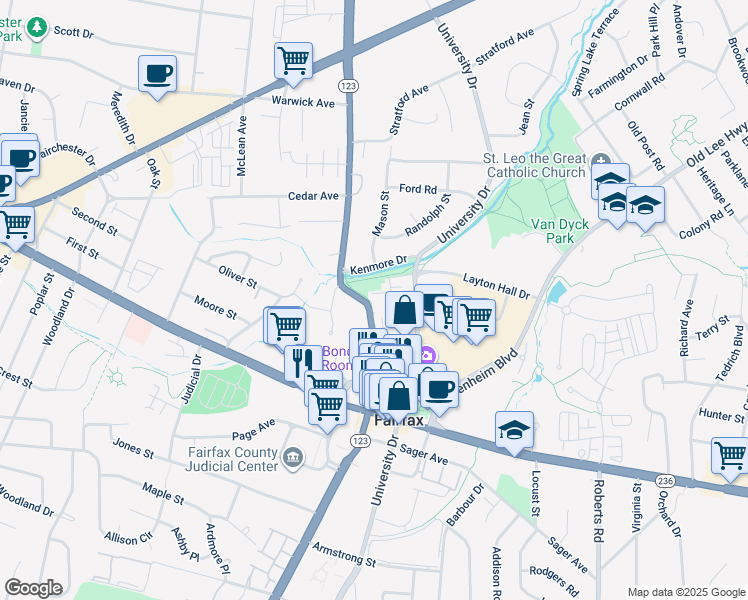map of restaurants, bars, coffee shops, grocery stores, and more near 3849 Chain Bridge Road in Fairfax