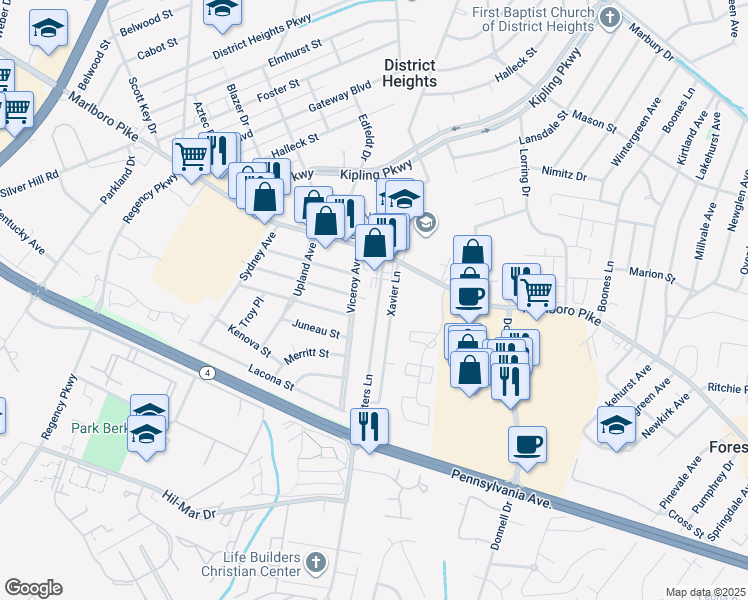 map of restaurants, bars, coffee shops, grocery stores, and more near 2821 Walters Lane in District Heights