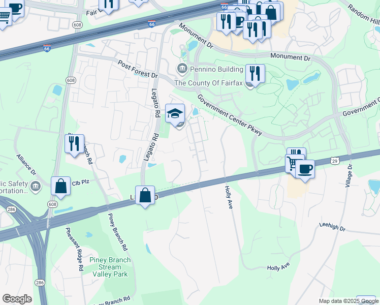 map of restaurants, bars, coffee shops, grocery stores, and more near 12041 Overbridge Lane in Fairfax