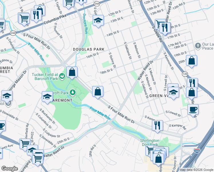 map of restaurants, bars, coffee shops, grocery stores, and more near 4121 South Four Mile Run Drive in Arlington