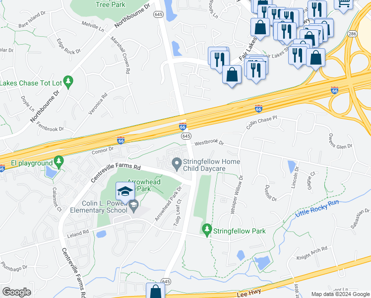 map of restaurants, bars, coffee shops, grocery stores, and more near 13203 Village Square Drive in Centreville