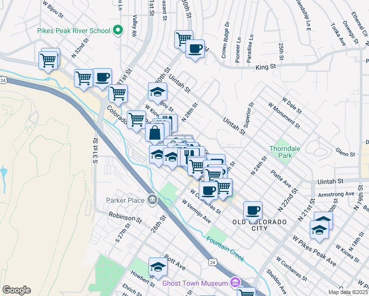 map of restaurants, bars, coffee shops, grocery stores, and more near 2706 West Pikes Peak Avenue in Colorado Springs
