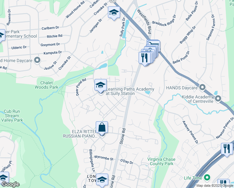 map of restaurants, bars, coffee shops, grocery stores, and more near 14617 Winterfield Drive in Centreville