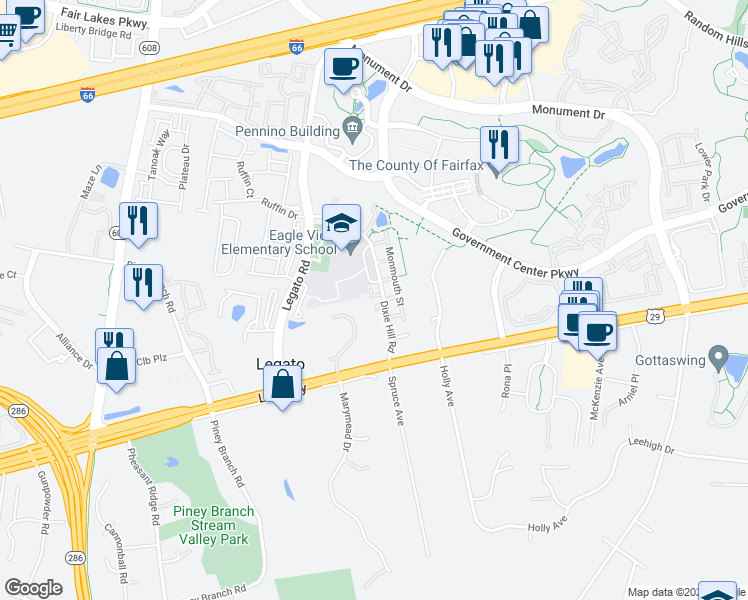 map of restaurants, bars, coffee shops, grocery stores, and more near 12037 Overbridge Lane in Fairfax
