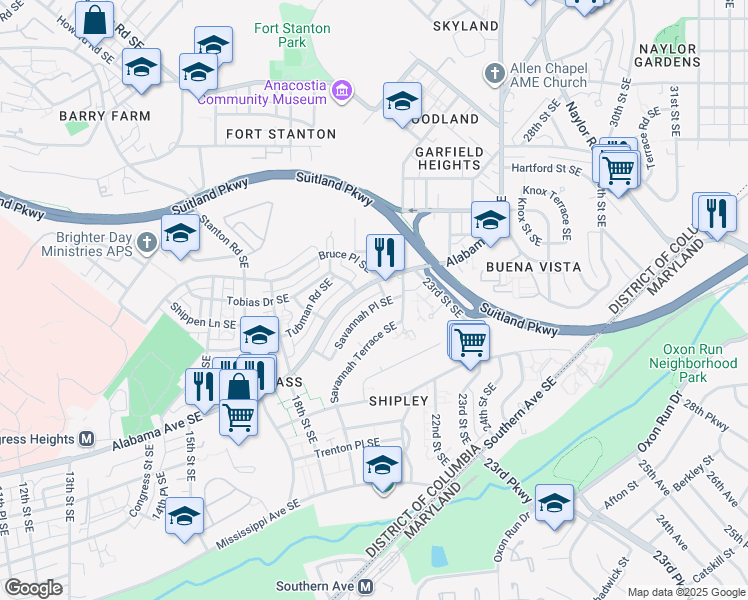 map of restaurants, bars, coffee shops, grocery stores, and more near 2016 Savannah Place Southeast in Washington