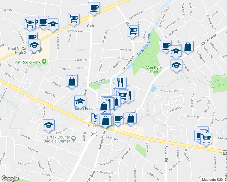 map of restaurants, bars, coffee shops, grocery stores, and more near 3807 University Dr in Fairfax