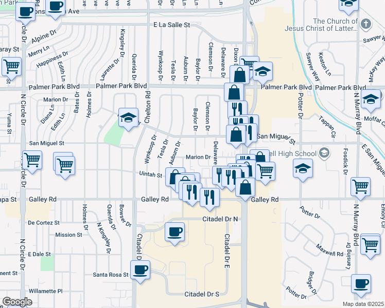 map of restaurants, bars, coffee shops, grocery stores, and more near 1226 Baylor Drive in Colorado Springs