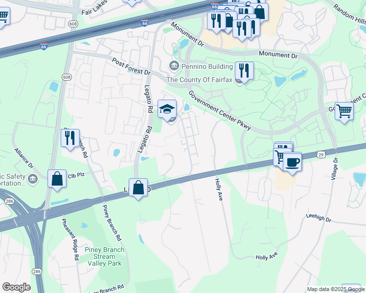 map of restaurants, bars, coffee shops, grocery stores, and more near 12037 Overbridge Lane in Fairfax