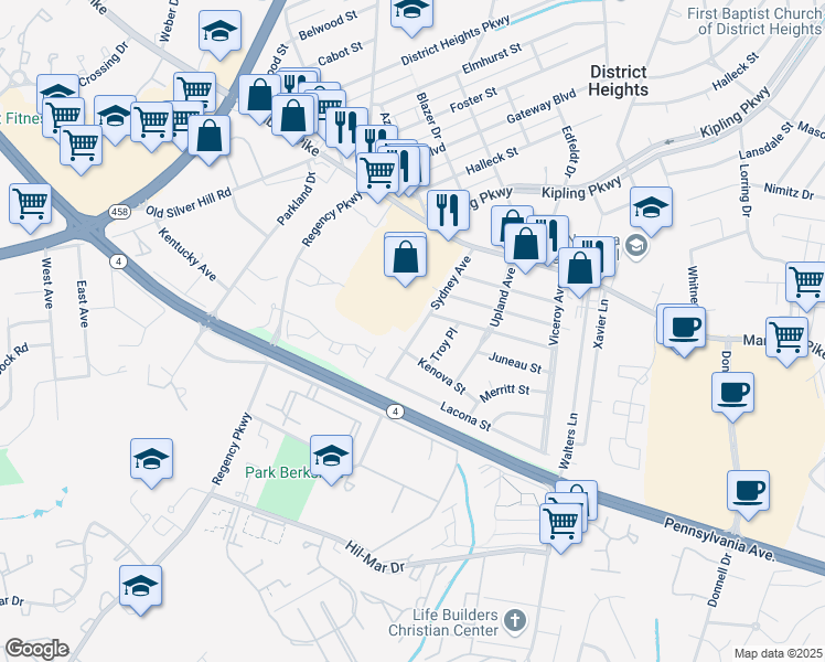 map of restaurants, bars, coffee shops, grocery stores, and more near 2915 Sydney Avenue in District Heights
