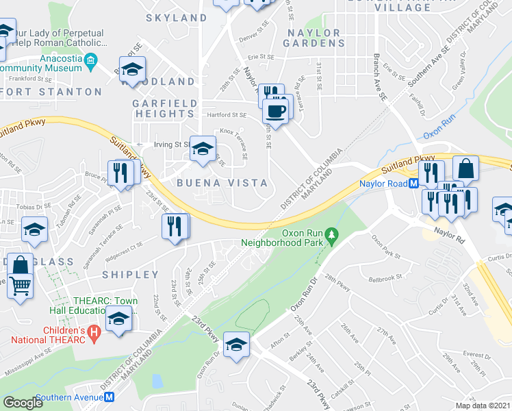 map of restaurants, bars, coffee shops, grocery stores, and more near 2830 Shipley Terrace Southeast in Washington