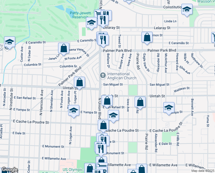 map of restaurants, bars, coffee shops, grocery stores, and more near 1230 Bonfoy Avenue in Colorado Springs