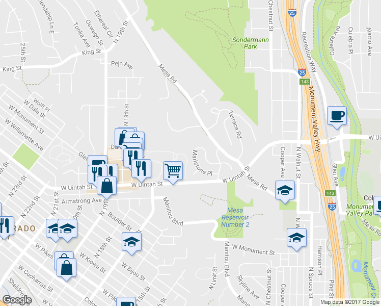 map of restaurants, bars, coffee shops, grocery stores, and more near 875 Marlstone Place in Colorado Springs