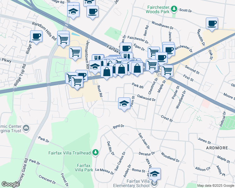 map of restaurants, bars, coffee shops, grocery stores, and more near 4119 Fairfax Street in Fairfax
