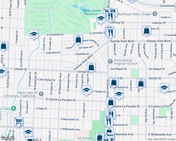 map of restaurants, bars, coffee shops, grocery stores, and more near 1504 East Uintah Street in Colorado Springs