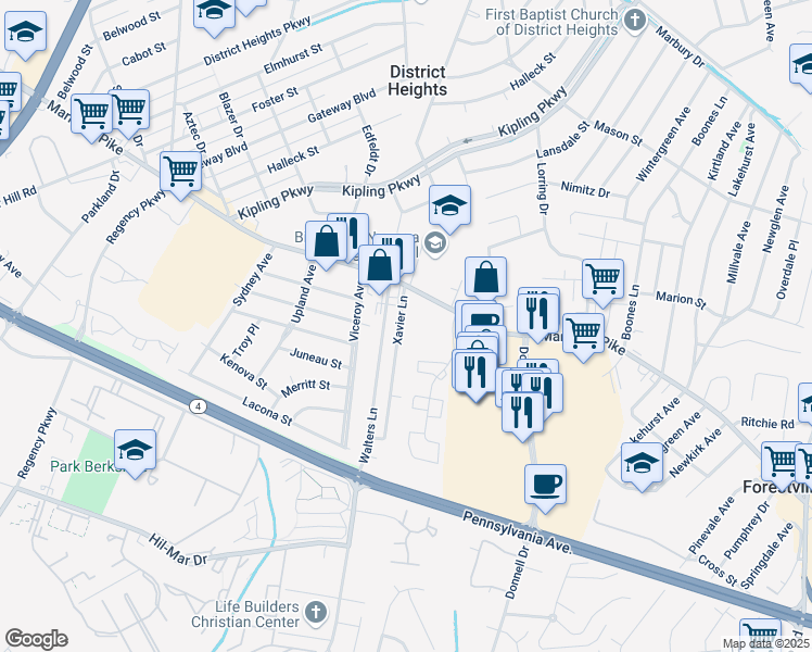 map of restaurants, bars, coffee shops, grocery stores, and more near 2810 Xavier Lane in District Heights