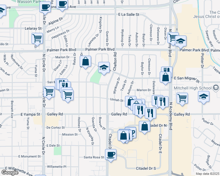 map of restaurants, bars, coffee shops, grocery stores, and more near 1227 North Chelton Road in Colorado Springs