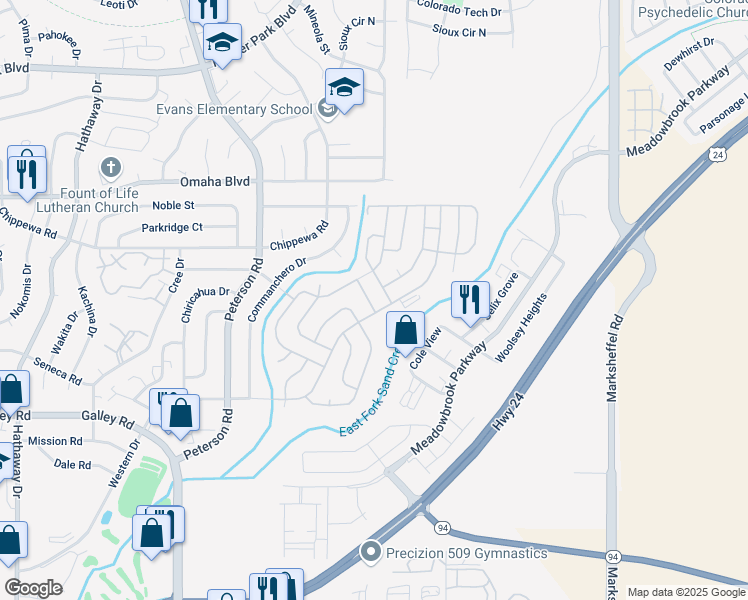 map of restaurants, bars, coffee shops, grocery stores, and more near 1095 Western Drive in Colorado Springs