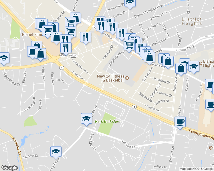 map of restaurants, bars, coffee shops, grocery stores, and more near 2908 Sand Creek Way in District Heights