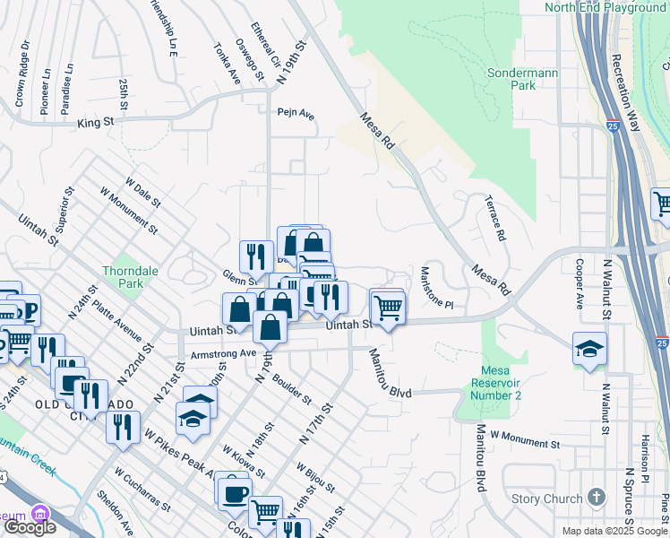 map of restaurants, bars, coffee shops, grocery stores, and more near 1690 Gatehouse Circle North in Colorado Springs