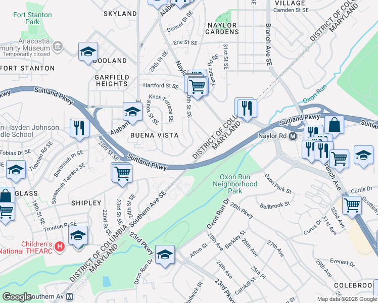 map of restaurants, bars, coffee shops, grocery stores, and more near 3162 Buena Vista Terrace Southeast in Washington
